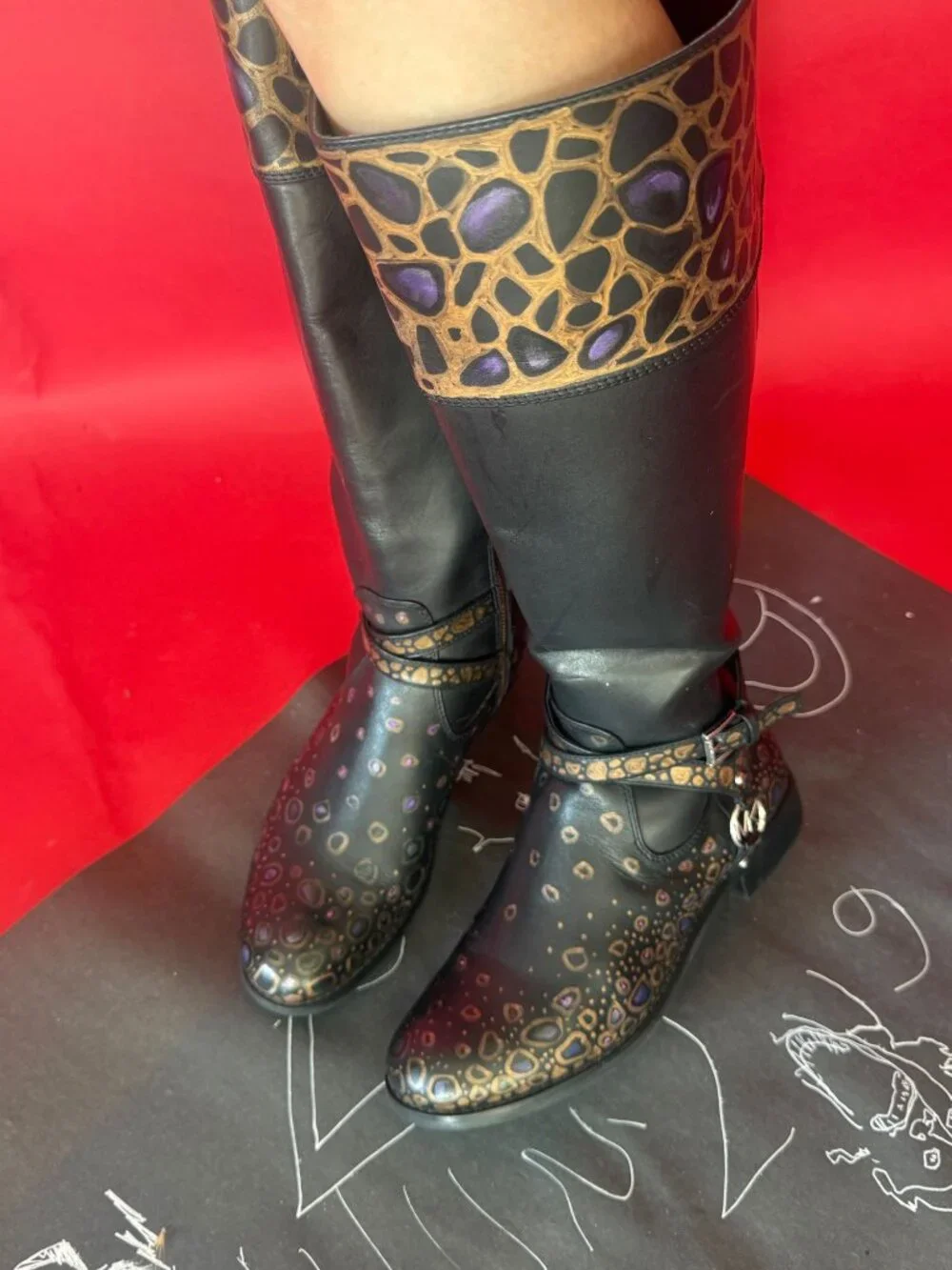 Hand Painted Leather Riding Boots | Gold Mosaic Knee High Boots, Unique